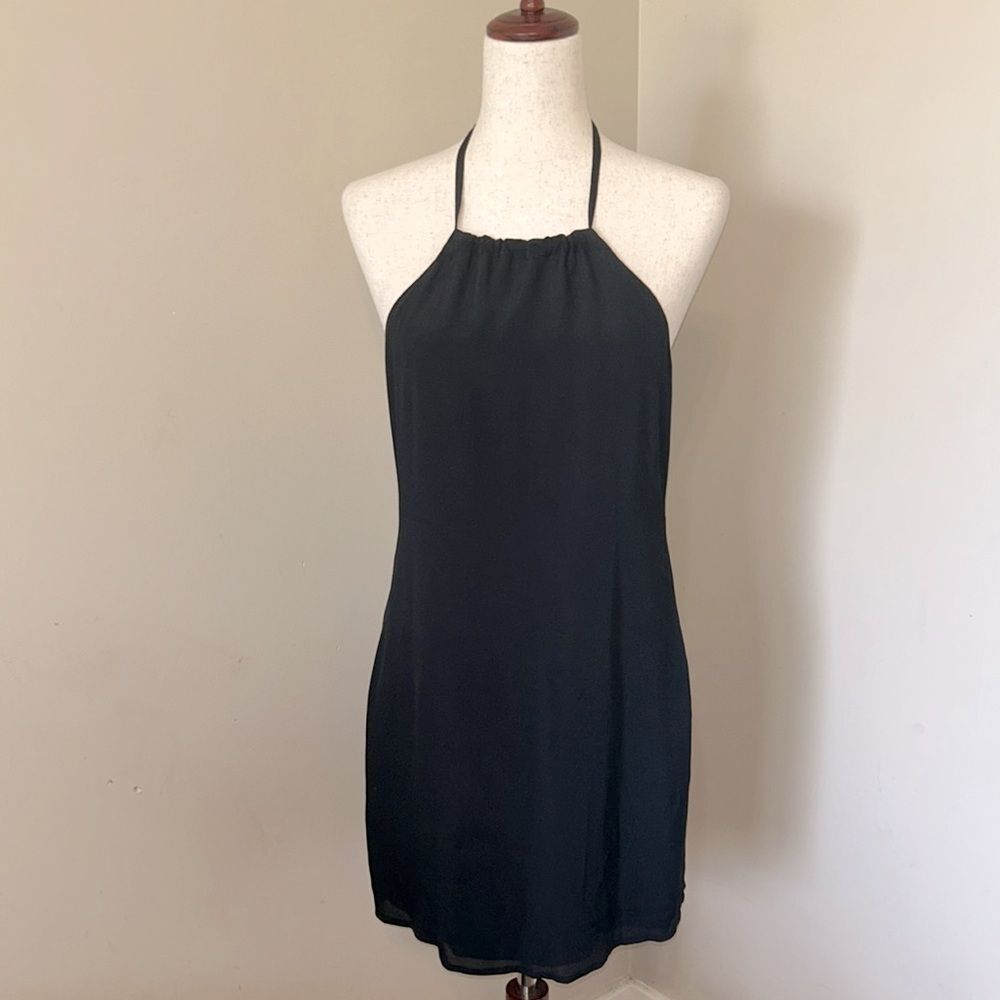 NBD x Naven Twins Hopeless Halter Black Mini Dress Gold Zipper Back Bow Tie Sm